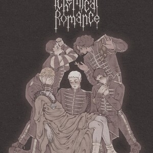 May include: A black and white illustration of five people in military-style uniforms. The people are arranged in a circle, with one person lying down in the center. The text "My Chemical Romance" is written in a gothic font at the top of the image.