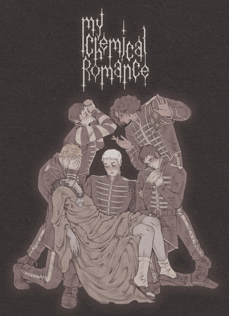 May include: A black and white illustration of five people in military-style uniforms. The people are arranged in a circle, with one person lying down in the center. The text "My Chemical Romance" is written in a gothic font at the top of the image.