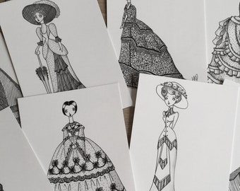 5 x Monochrome Illustrated Postcards (Victorian/Edwardian Ladies Collection)