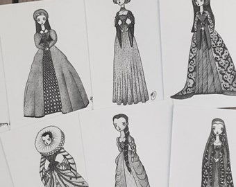 5 x Monochrome Illustrated Postcards (Medieval Ladies Collection)