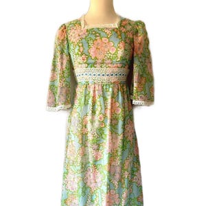 Vintage 70&#39;s 80&#39;s Floral Maxi Blue and Pink Floral Cotton Blend Summer Prairie Dress by Peggy Barker - XS/Small