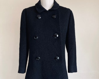 Vintage 40s 50s Women's Heavy Black Fit and Flare Textured Wool Coat by Arsleigh Small