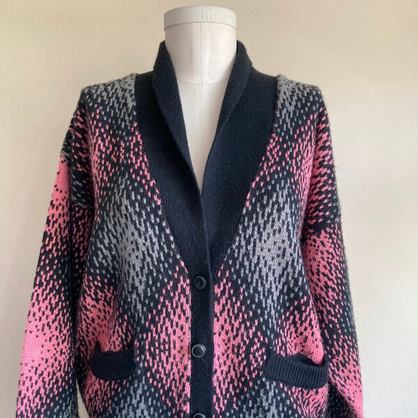 Vintage 80s Cardigan Sweater by "Unionbay" Pink Black and Gray New Wave