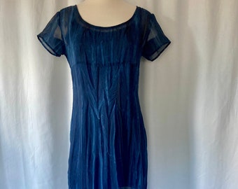 Vintage 90's Esprit Crushed Sheer Organza Tie Dye Gauzy Maxi Blue w/ Yellow Bottom Dress - Small