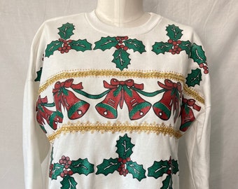 Vintage 90's Christmas Holly and Jingle Bells Glittery Sweatshirt by Nut Cracker - Medium