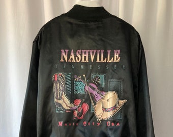 Vintage 80s Black Satin Nashville Bomber Jacket by Taylor- XL