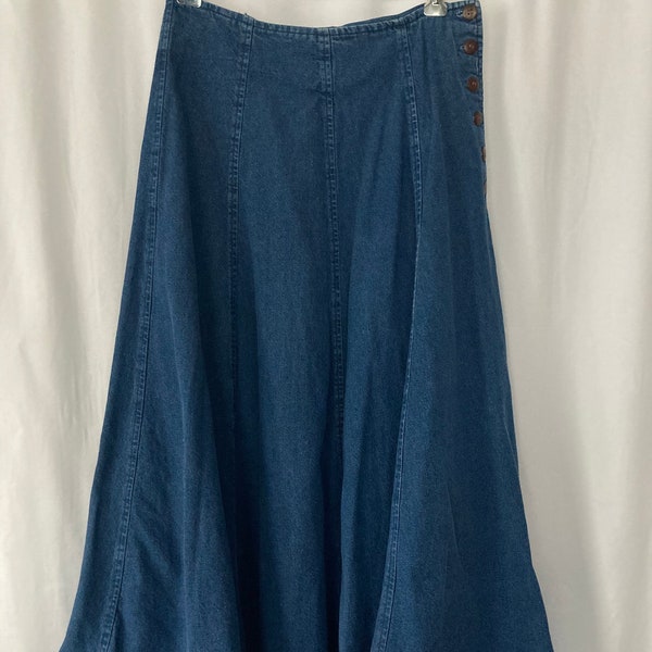 Vintage 80's 90's Cotton Blue Denim Maxi Western A-Line Circle Skirt w/ Side Buttons by Palmettos - Small Waist 27
