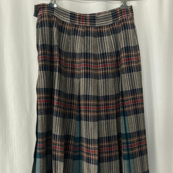 Vintage 60's 70's Women's Gray and Red Plaid Wool Pleated Skirt by Graff - Small