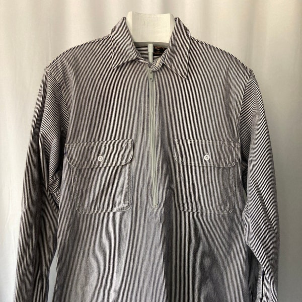 Vintage 60s 70s Men's Hickory Striped Cotton Work Shirt with 1/4 Zipper by Prentiss - Medium
