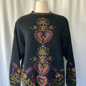 Vintage 90s 00&#39;s Women&#39;s Black Wool Embroidered Sweater by French Connection - Large