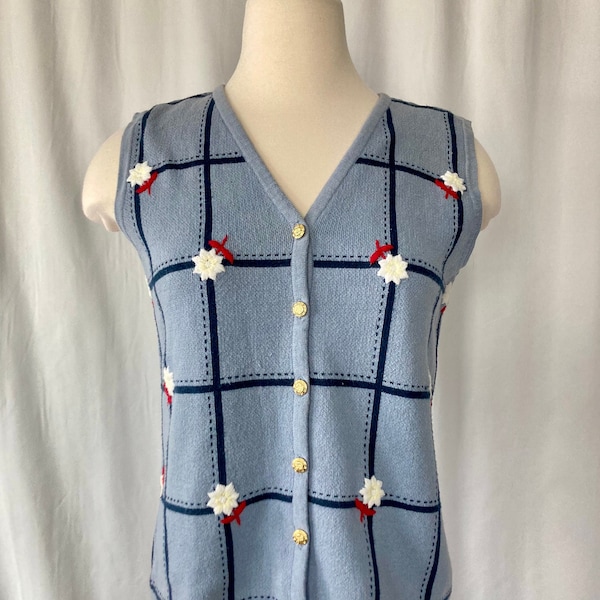 Vintage 80's 90's Women's Blue Squared Cotton Knit Sweater Vest Waistcoat by Crystal Kobe - Medium