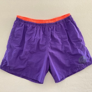 Vintage Ocean Pacific 80&#39;s 90&#39;s Men&#39;s Elastic Waist Drawstring Purple and Orange Swimming Shorts by OP - XL