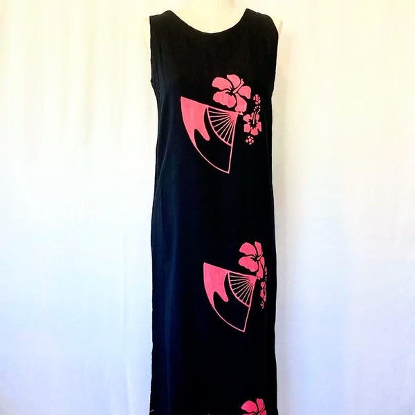 Vintage Hawaiian Maxi Dress – Black Rayon Sleeveless Shift, Pink Floral (Small)
