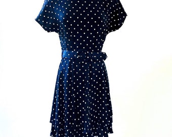 Vintage Polka Dot Fit & Flare Dress – 80s Belted Rayon Acetate