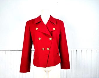 Vintage 80's 90's Women's Red Wool Double Breasted Military Style Blazer by Liz Claiborne Petite - Small