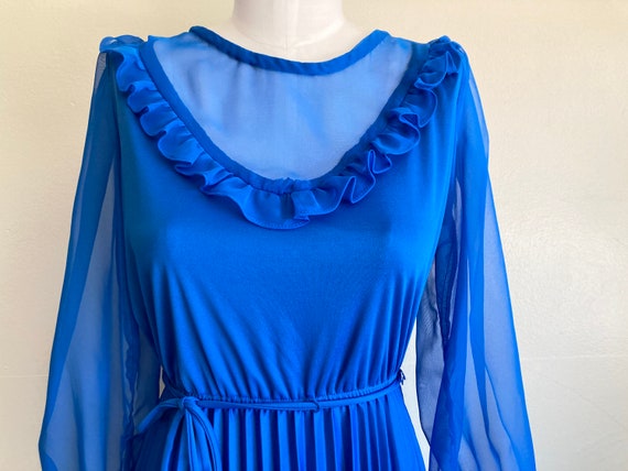 Vintage 1970s Chiffon Flowy Sheer Ruffled Blue Dr… - image 3