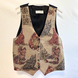 Vintage 90&#39;s Vest Waistcoat w/ Dogs Brown Tapestry Cotton Rayon by Carol Antone - Medium