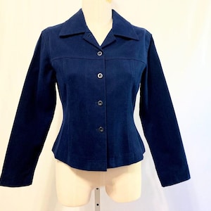 Vintage 80&#39;s 90&#39;s Women&#39;s Blue Cotton Felt Blazer Jacket by Charter Club Made in Hong Kong - Small