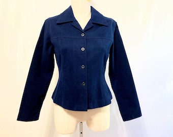 May include: A navy blue fitted blazer with a button-up front and long sleeves.
