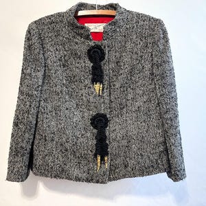 Vintage 50&#39;s 60&#39;s Women&#39;s Black and White Blazer Jacket w/ Tasseled Buttons by Designer Emmy Fisch for Comar Madrid - Small