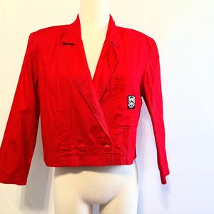 Vintage 80&#39;s 90&#39;s Women&#39;s Cropped Double Breasted Blazer Jacket Red w/ Black Univ Patch by Casuals by St. J - Small