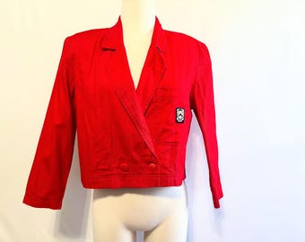 Vintage 80s Red Cropped Blazer – Double Breasted Jacket with Patch