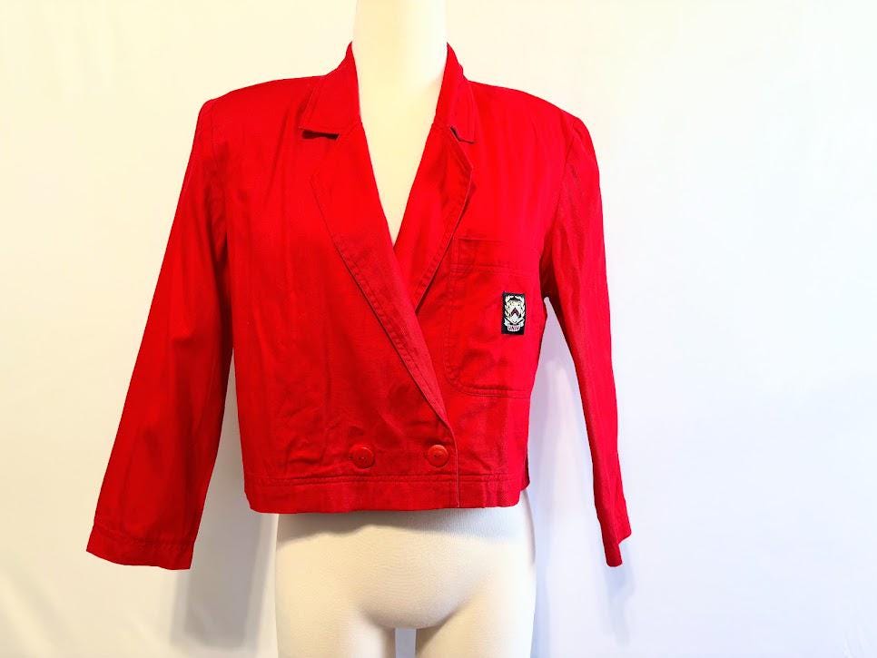 Vintage 80s Red Cropped Blazer - Double Breasted Jacket with Patch