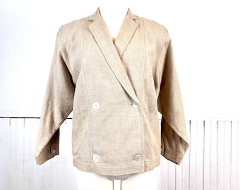 Vintage 80's 90's Women's Beige Double Breasted Bat Winged Linen Blazer by Liz Claiborne Petites - Small/Medium