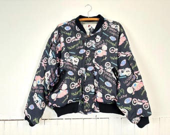 Vintage 90s Person's Black Nylon Bomber Jacket – Pink Motorcycle Print