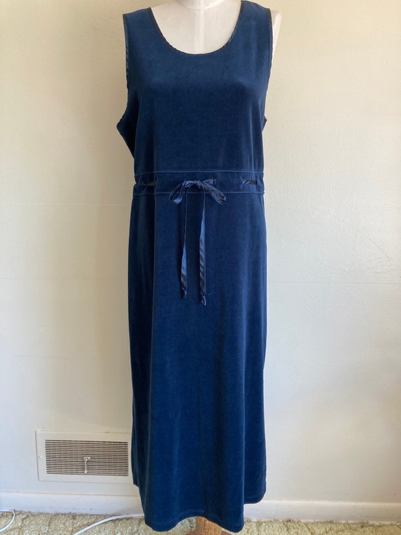 1980s Dress Blue Velour Maxi Sleeveless - Medium