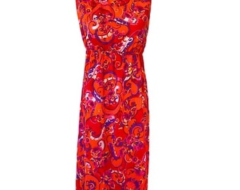 Vintage 70s Floral Halter Maxi Dress – Neon Orange Swirls