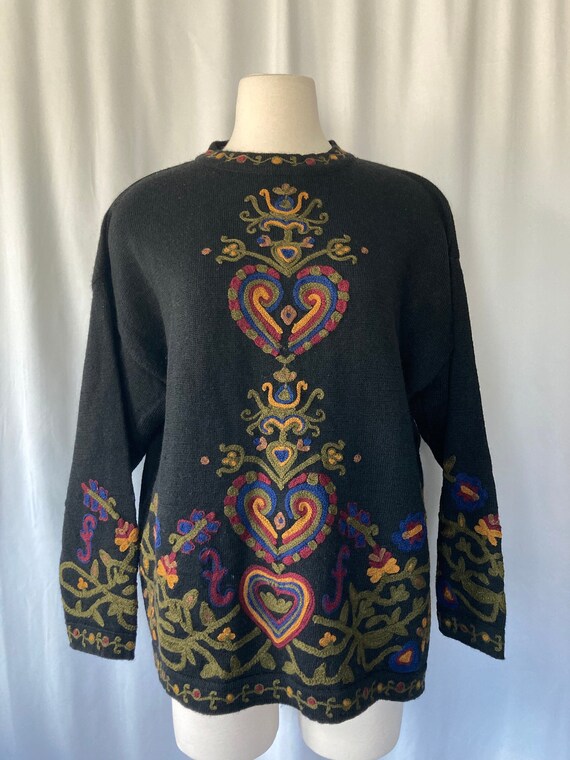 Vintage 90s 00's Women's Black Wool Embroidered Sw