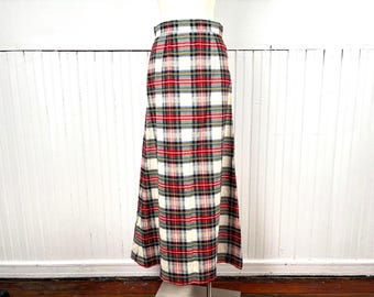 Vintage 60's 70's Red, White and Green Plaid A-line Maxi Skirt - 28" Waist