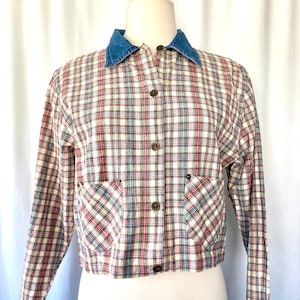 Vintage 80's 90's Women's Brown, Red and Cream Plaid Button Down Cotton Shirt by Angelique New York - Medium