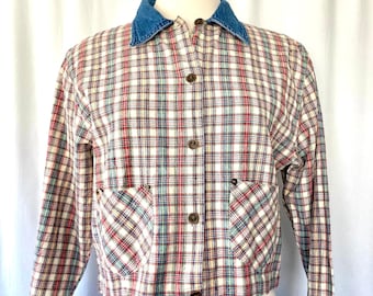 Vintage Plaid Cotton Shirt, Denim Collar, 80s 90s Angelique New York