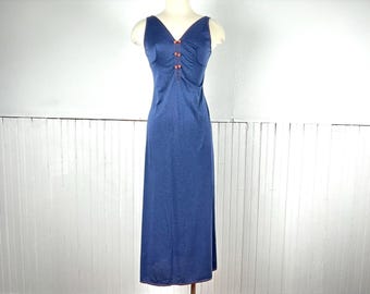 Vintage 60s 70s Full Length Maxi Slip Dress Nighgown Blue w/ Orange Thread - Small
