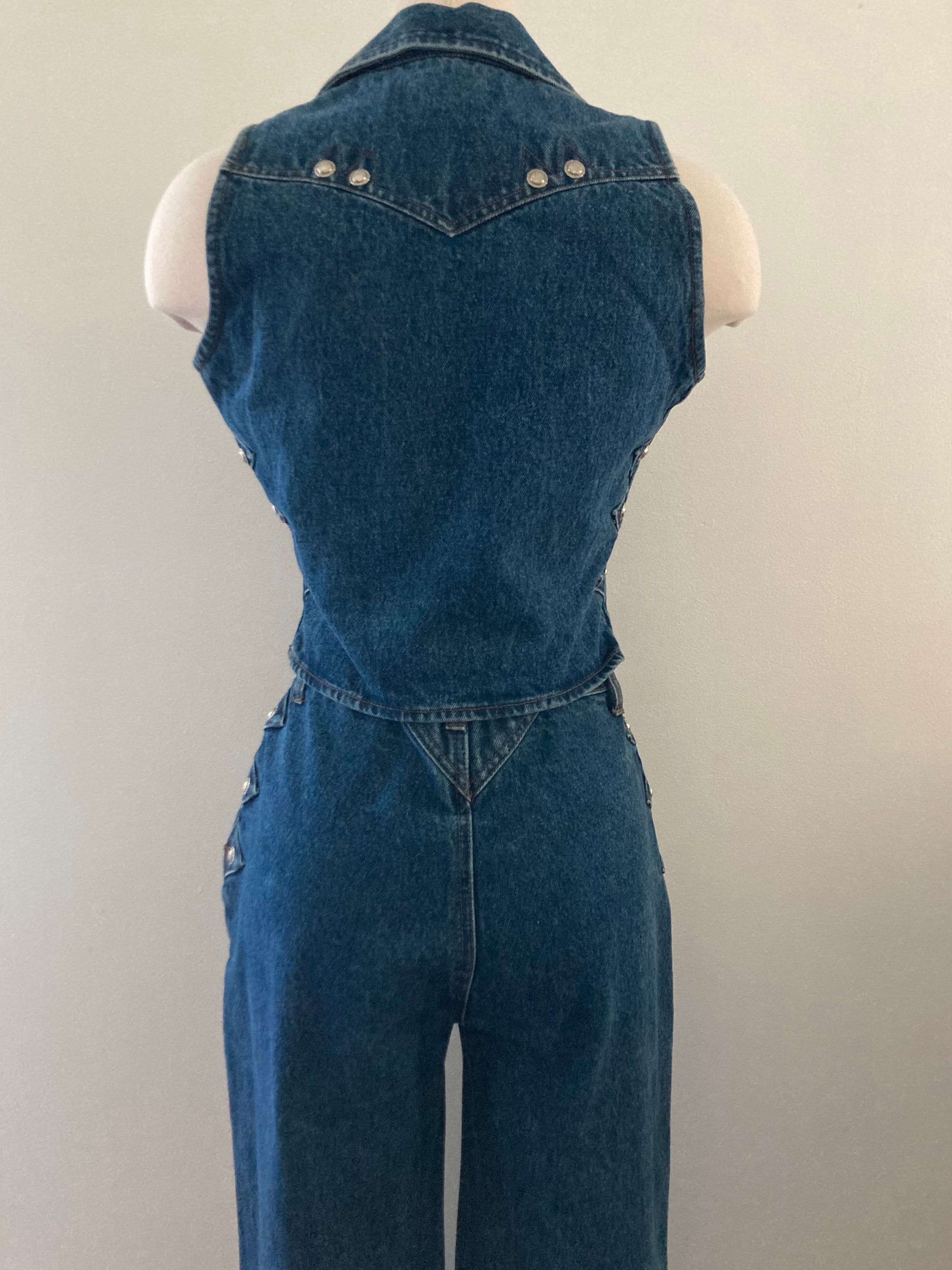 Vintage Western Denim Vest Pant Set – 80s Studded Jean Outfit