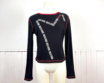 Vintage 90's Y2K Women's Black w/ Red Trim Long Sleeve Cotton Streetwear Shirt by Mecca Femme- Medium