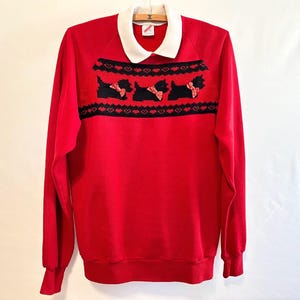 Vintage 80's 90s Jerzees Red and Black Collared Sweatshirt with Scottie Dogs in Bow Ties - Medium
