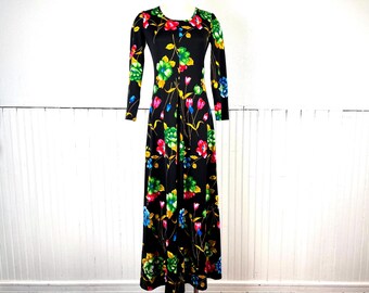 Vintage 70s Floral Maxi Dress Black w/ Bright Flowers by Mister Robert - Small