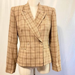 Vintage 80&#39;s 90&#39;s Women&#39;s Double Breasted Light Brown Plaid Cotton Rayon Blazer by Liz Claiborne - Small