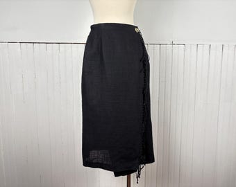 Vintage 90s Y2K Black Linen Wrap Skirt w/ Fringe by Liz Claiborne Petite Collection - Small