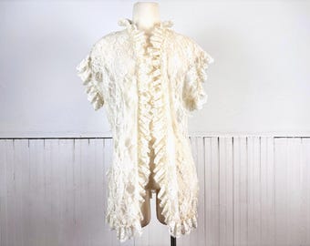 Vintage 80's White Lace Open Front Bed Jacket Robe by Fredericks of Hollywood - Medium