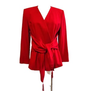 Vintage 80&#39;s 90&#39;s Women&#39;s Red  Viscose Wool Wrap Jacket with Tasseled Sash by KGR - Small