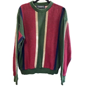 Vintage 80&#39;s 90&#39;s Men&#39;s Color Block Striped Cotton Knit Sweater Green Red Blue and Brown by CJ Cotton- Medium/Large