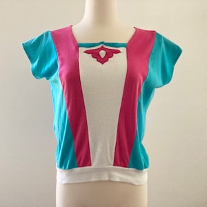 Vintage 80&#39;s 90&#39;s Women&#39;s Striped Blue, Pink and White Short-Sleeved Top by Jo Hardin - Small/Medium