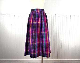 Vintage 80's 90's Silk Taffeta Purple Plaid Maxi Skirt by Prophecy - 27" Waist