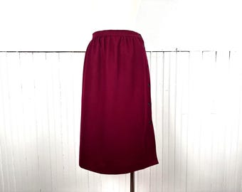 Vintage 70's 80's Women's Wool A-Line Midi Red Skirt w/ Side Buttons by The Villager - Small 25"