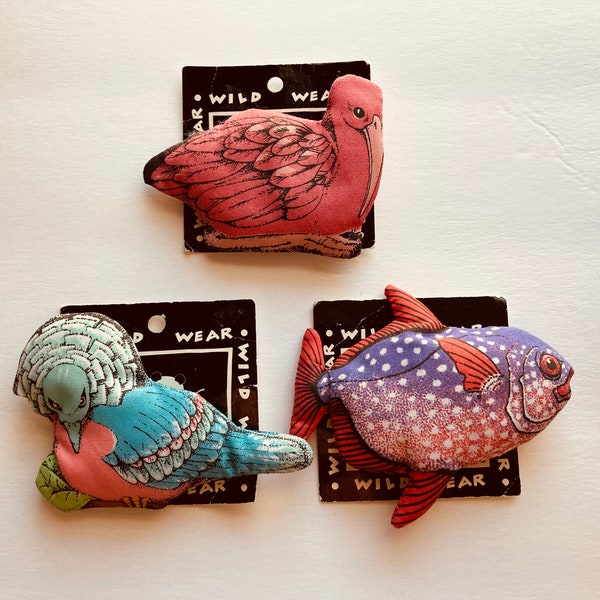 Vintage 80's Puffy Pins by WWF Set of 3 - Flamingo, Peacock and Fish