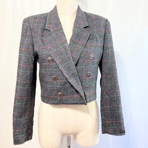 Vintage 80&#39;s 90&#39;s Women&#39;s Cropped Double Breasted Black w/ Pink, Blue and Green Plaid Blazer by Norton McNaughton - Small